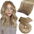 Moresoo Human Hair Clip in Extensions Light Brown Blonde Balayage Hair Extension Clip ins Ombre Light Brown to Medium Blonde for Women Short 80g/5pcs 14 inch