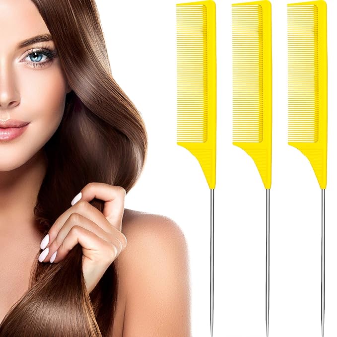 Leinuosen 3 Packs Rat Tail Comb Steel Pin Rat Tail Carbon Fiber Heat Resistant Teasing Combs with Stainless Steel Pintail ()