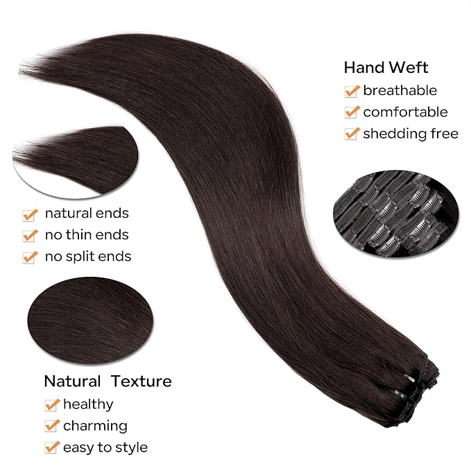 Straight Clip In Hair Extensions Real Human Hair 8Pcs Clip In Dark Brown Human Hair Extensions with 18Clips Lace Weft 120g 16inch