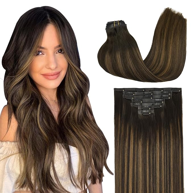 GOO GOO Clip in Hair Extensions Real Human Hair, Remy Human Hair Extensions Clip ins for Women, Natural Human Hair, 24inch 160g 7Pcs, 2/6/2 Balayage Dark Brown to Chestnut Brown