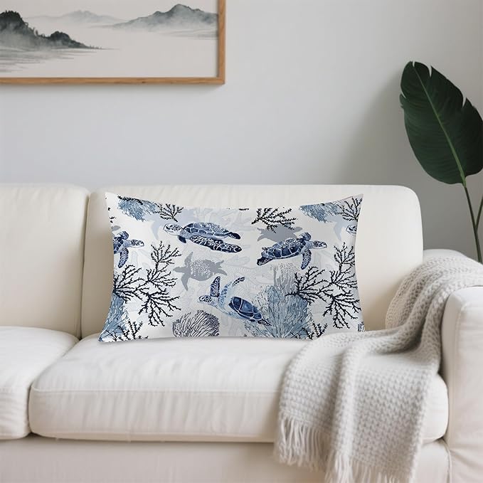 Satin Pillowcase 1 Pack-Nautical Turtle and Corals Silky Pillow Cover for Hair and Skin,Standard Size 20x26 Inch Soft Cooling Printed Pillow Cases with Hidden Zipper,Gifts for Women Men