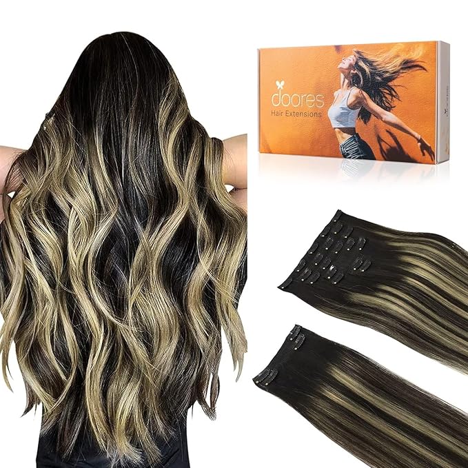 DOORES Hair Extensions Clip in Human Hair, Balayage Natural Black to Light Blonde 14 Inch 150g 9pcs, Clip in Hair Extensions Human Hair Remy Hair Extensions Clip in Human Hair Natural Hair Extensions