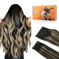 DOORES Hair Extensions Clip in Human Hair, Balayage Natural Black to Light Blonde 14 Inch 150g 9pcs, Clip in Hair Extensions Human Hair Remy Hair Extensions Clip in Human Hair Natural Hair Extensions