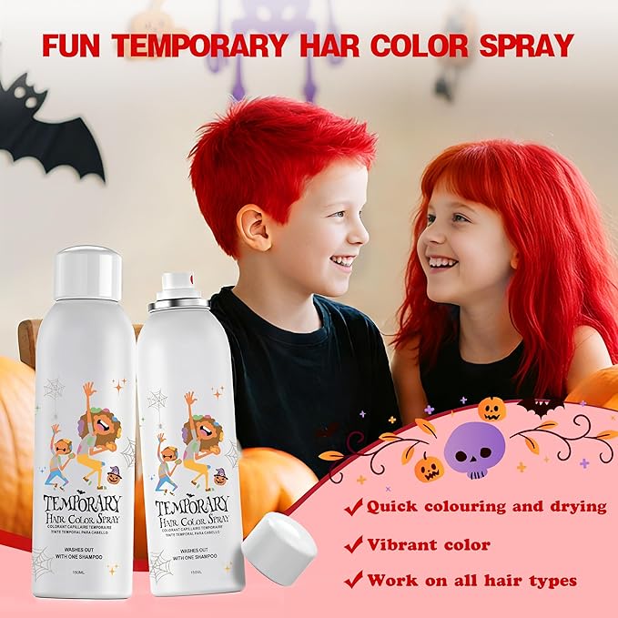 Red Temporary Hair Color Spray for Kids, Silver Instant Colored Hair Dye Alternative for Boys Girls Men Women, Quick Styling for Party Christmas Halloween, Disposable Washable, 150ml