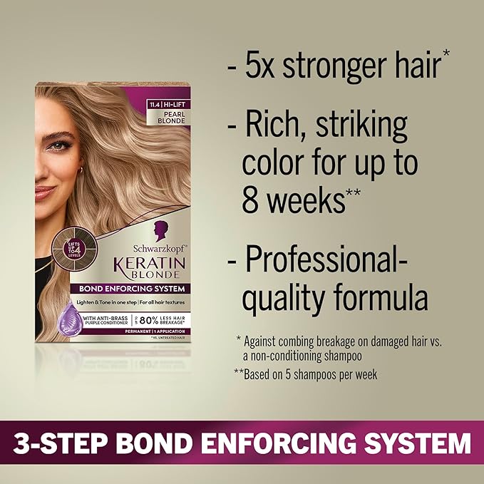 Schwarzkopf Keratin Blonde Hair Dye, 11.4 High Lift Pearl Blonde, Professional Quality Permanent Hair Color, Bond Enforcing System, Pre-Color Serum & Purple Conditioner Included