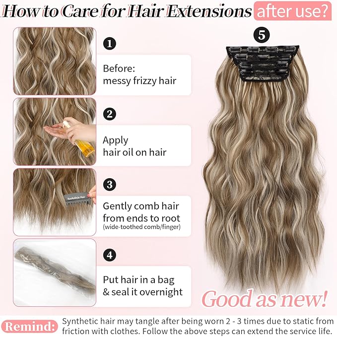 KooKaStyle Clip in Synthetic Hair Extensions Long Wavy 4PCS Thick Hairpieces Brown mix Ash Blonde P10/88 Fiber Double Weft Natural Hair Extensions 20 Inch for Women