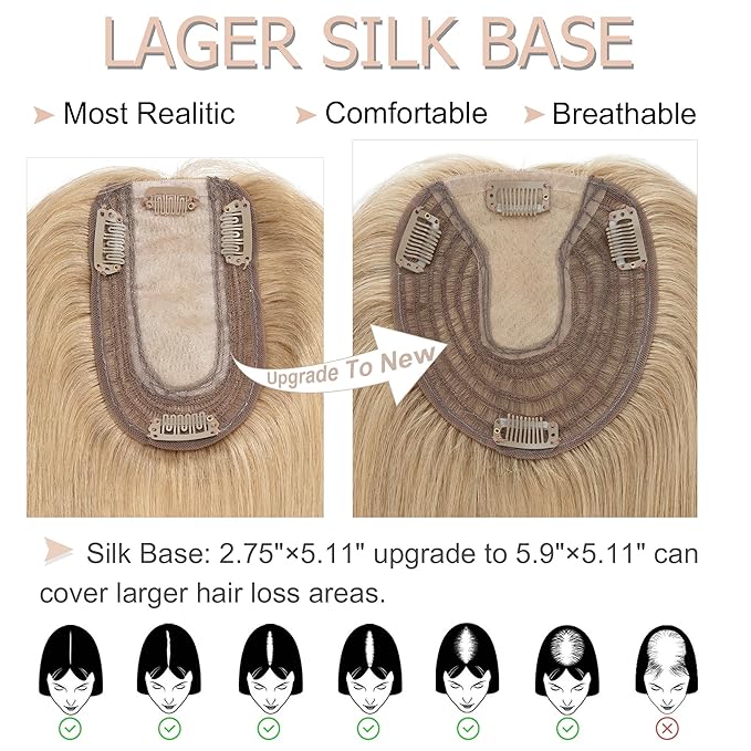 Hair Toppers for Women Real Human Hair No Bangs, 13 * 15 cm Larger Silk Base 150% Density Clip In Topper Hairpieces, Wiglet Top Pieces Add Volume -14 Inch 27 Dark Blonde