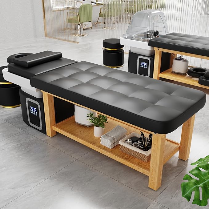 Stationary Head Spa Massage Table with Water Cycle & Fumigation Salon Equipment for Beauty Head Spa Physical Therapy Massage, Wood Frame, Black PU Leather