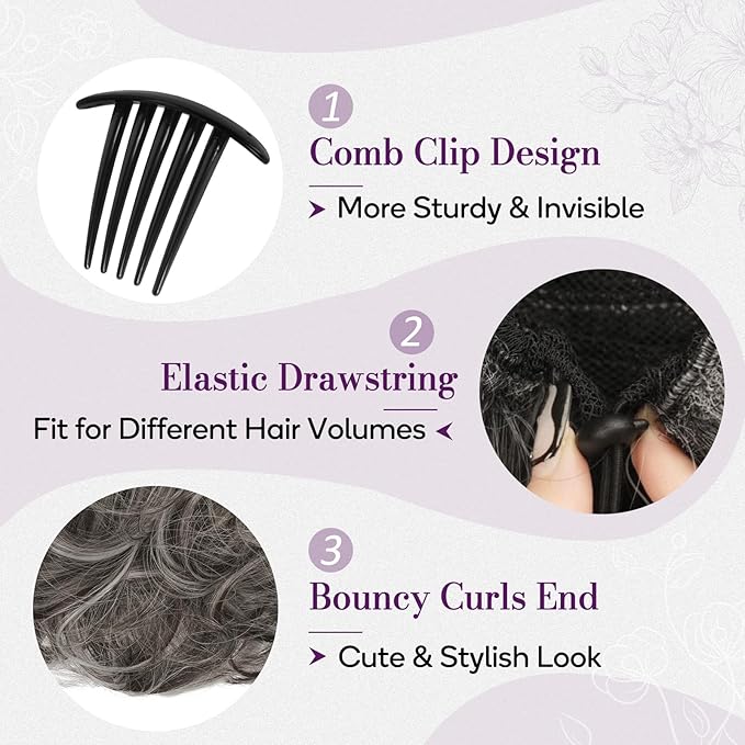 BARSDAR Drawstring Comb Clip Ponytail Extension - 10 Inch Short Wavy Clip in Ponytails Hairpieces for Women - Synthetic Gray Ponytail Extensions Fake Pony Tails - Dark Brown Mix Gray