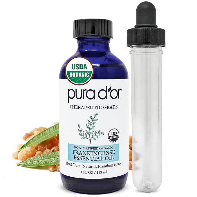 PURA D'OR ORGANIC Frankincense Essential Oil (4oz with Glass Dropper) 100% Pure & Natural Therapeutic Grade For Hair, Body, Skin, Aromatherapy Diffuser, Relaxation, Meditation, Mood, Massage, DIY Home