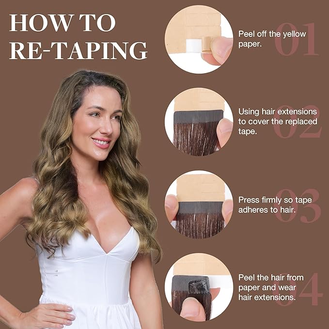 GOO GOO Tape in Hair Extensions Human Hair, 4D/14/5B Brunette Balayage, 24inch 30g 10pcs, Skin Weft Seamless Invisible, Silky Straight with Thick Ends, Remy Human Hair