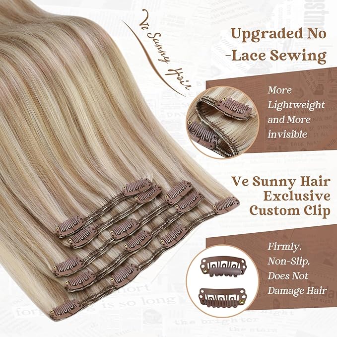 Ve Sunny Clip in Hair Extensions Real Human Hair Highlights Human Hair Clip in Extensions Dark Ash Blonde Highlights Light Blonde Real Hair Extensions Clip in Human Hair Comfortable 7pcs 20inch 120g
