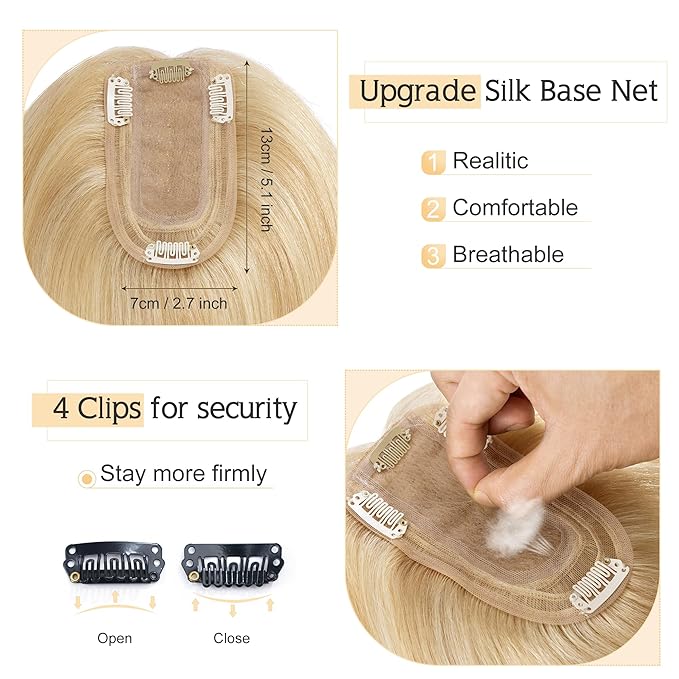 SEGO Human Hair Toppers for Women With Thinning Hair, 7 * 13CM Silk Base 100% Real Human Hair Clip in Top Wiglet Hairpieces -10 Inch No Bangs Ash Blonde&Bleach Blonde