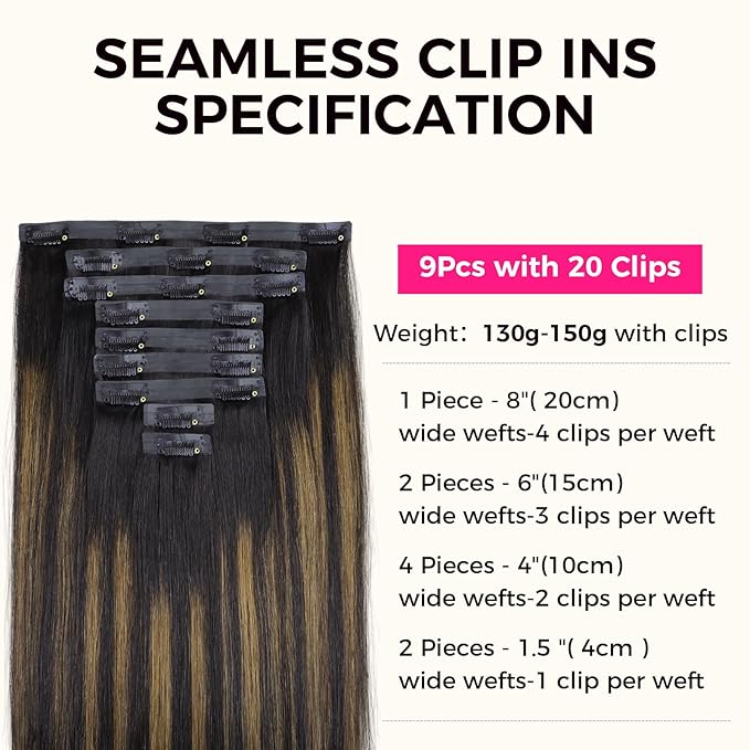 Lashey Seamless Clip in Hair Extensions Human Hair 150g 9pcs Straight Natural Black Mixed Chestnut Brown 20 Inch Clip ins with Soft PU Weft Invisi Edge Hair