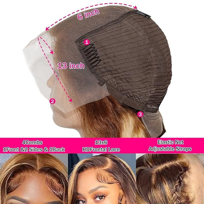 Body Wave Lace Front Wigs Human Hair Pre Plucked 180% Density 13x6 HD Lace 16 Inch P4/27 Honey Blonde Frontal Wigs for Black Women Glueless Ombre Lace Front Wig