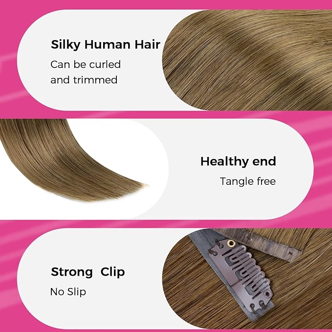 Lashey Seamless Clip in Hair Extensions Human Hair, 4pcs 48g Medium Brown 20 Inch, Straight Hair Extensions Real Human Hair with PU Soft Invisi Edge