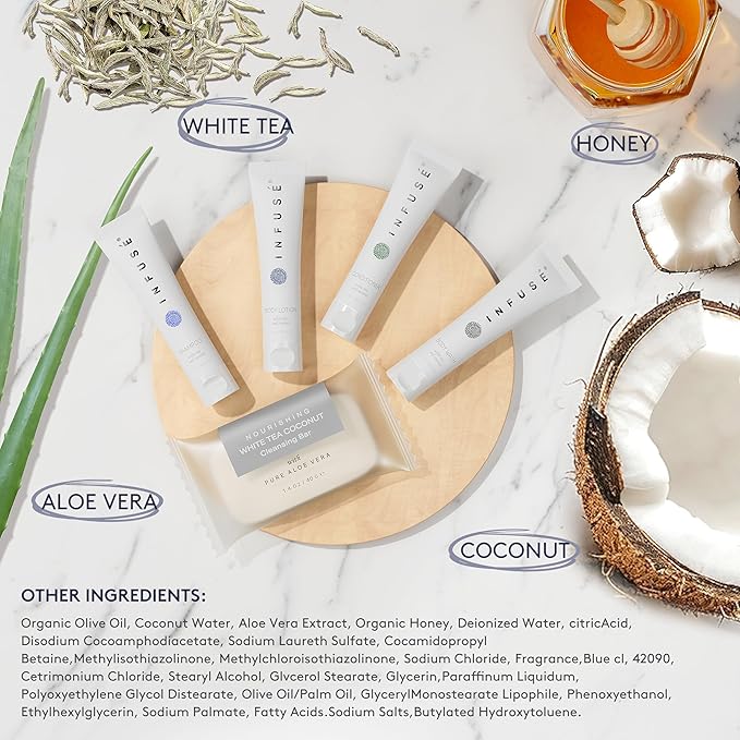 Infuse Pure White Tea and Coconut All-In-Kit Hotel Soaps and Toiletries Bulk Set | 1oz Shampoo & Conditioner, Body Wash, Lotion & 1.25oz Bar Soap | Travel Size 75 Pieces.