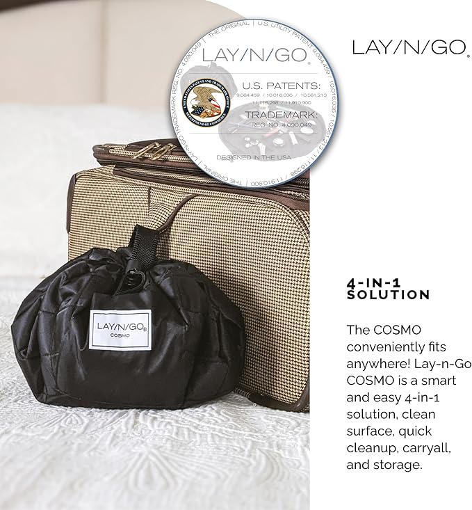 Lay-n-Go Cosmo Layflat Drawstring Cosmetic & Makeup Bag Organizer w/Zipper Pocket, Brush Loops & More, Cinch to Close, Lay Flat to Use, Durable, Machine Wash, Travel Toiletry Bag (20", Navy/Green)