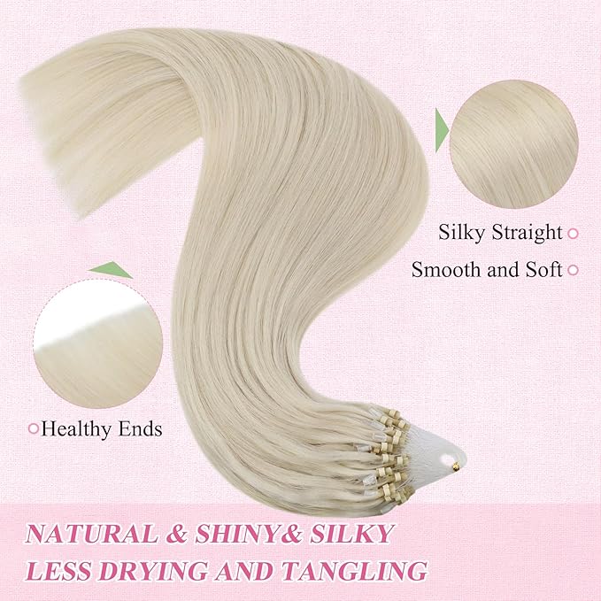 YoungSee Micro Loop Extensions Real Human Hair 24Inch Blonde Micro Link Hair Extension Human Hair Blonde Micro-Bead Extension 1g/s 50g Cold Fusion Microring Hair Extension for Wedding