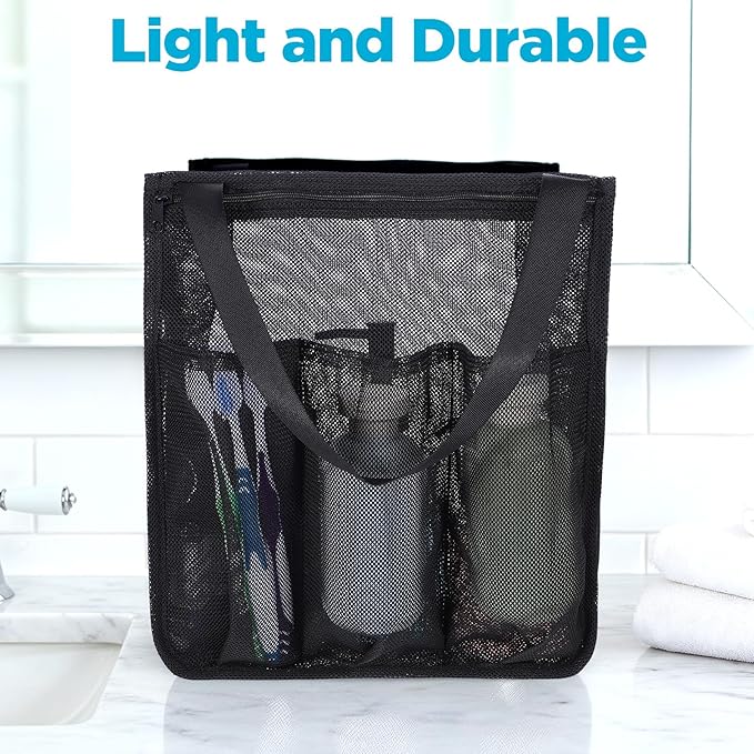 Portable Mesh Shower Caddy, Quick Dry Hanging Shower Bag with Zipper and Side Pockets, Freestanding Showers Tote Bag for College Dorm, Bathroom, Gym, Travel