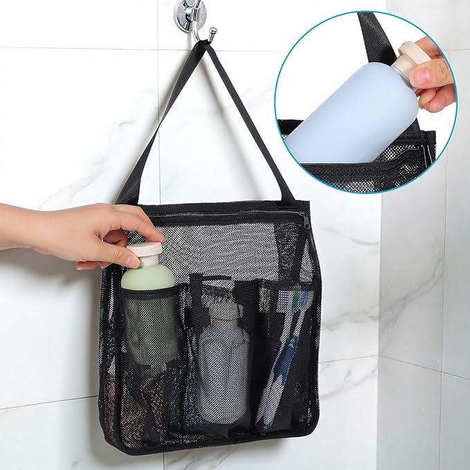 Portable Mesh Shower Caddy, Quick Dry Hanging Shower Bag with Zipper and Side Pockets, Freestanding Showers Tote Bag for College Dorm, Bathroom, Gym, Travel