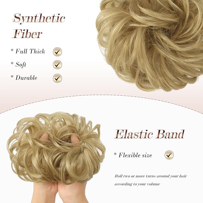 FESHFEN Messy Bun Hair Piece - Elastic Wavy Curly Hair Bun Scrunchies Extensions Synthetic Chignon Hairpieces for Women Girls, Light Golden Blonde 1.5 oz
