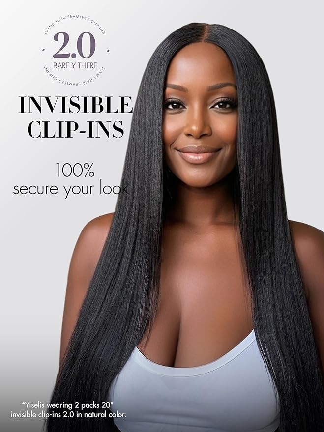 LUVME Invisible Clip in Hair Extensions, Yaki Straight Real Human Hair 20 Inch 2 Pack 220g 12pcs Clip ins Hair Extensions Natural Black for Women