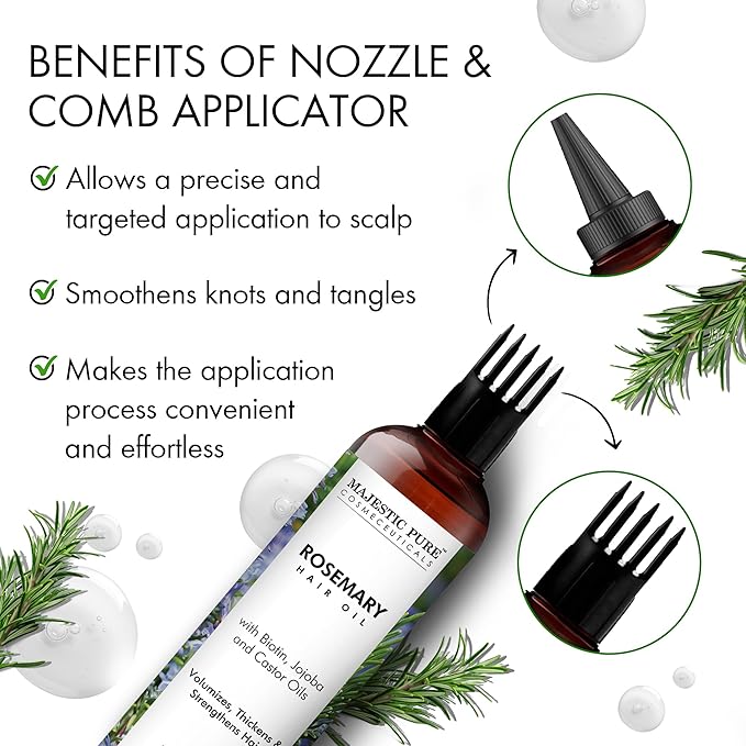 Majestic Pure 100% Pure Rosemary Oil For Hair Growth - Strengthening, Nourishing, Volumizing - Infused with Biotin Oil, Jojoba Oil & Castor Oil - Non GMO Verified - 6.7 Fl Oz