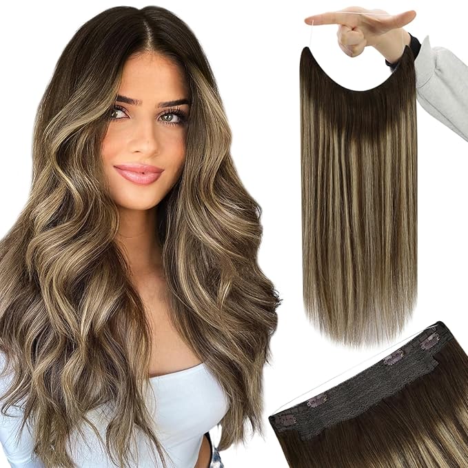 YoungSee Invisible Wire Hair Extensions Balayage Wire Human Hair Extensions Dark Brown Fading To Caramel Blonde Mix Brown Balayage Straight Fish Line Hair Extension for Short Hair 12Inch 70G