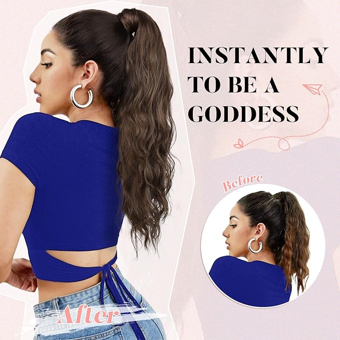 Flufymooz Ponytail Extension, Flexible Wrap Around Ponytail Extension Long Wavy Curly Ponytail Hair Extensions Natural pony tail Synthetic Hairpiece for Women 26 Inch (Black Brown)