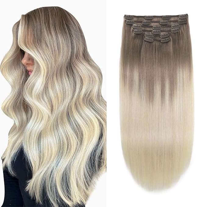XDhair Hair Extensions Clip in Human Hair 100g 14 Inch Ash Brown to Platinum Blonde Human Hair Clip in Extensions Double Weft 6pcs for Women(14, #8T60)
