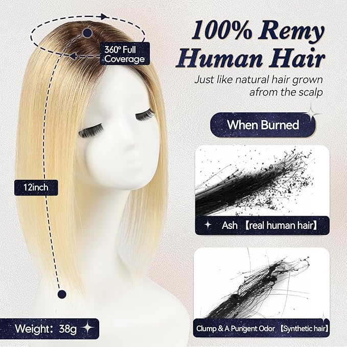 starluck Hair Toppers for Women Real HumanHair,5"*3"MONO Base Hand-moven Topper,100% Real HumanHair Toppers for Women with Thinning,Gray Roots,High Volume,Ombre Light Blonde