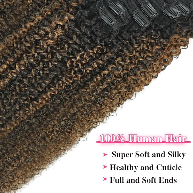3c 4a Curly Clip in Hair Extensions T1BP1B/30 Omber Kinky Curly Clip ins For Women Brazilian Virgin Clip on Hair (26inch,T1BP1B/30)