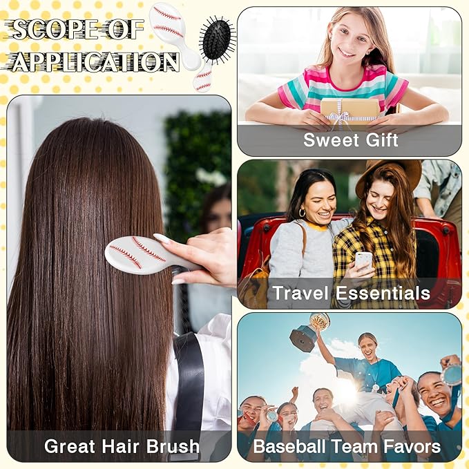 12 Pcs baseball Mini Detangler Brush, Mini Travel Hair Brush, Bristles Plastic Detangling Brush, No Tangle Soft Flexible Bristles for Straight, Curly, Thick Hair for baseballl Team Gift Sport Party