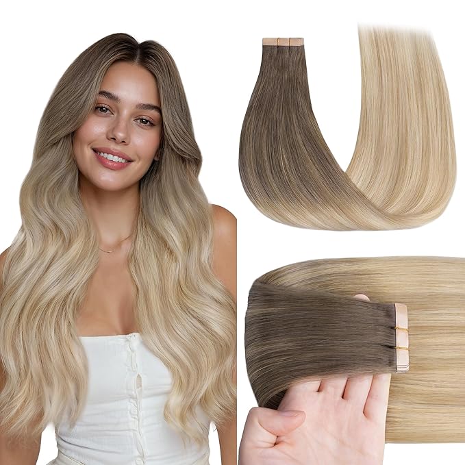 GOO GOO Tape in Hair Extensions Human Hair, 9/18J/60 Chocolate Brown to Champagne Blonde Balayage, 14inch 50g 20pcs, Skin Weft Seamless Invisible, Silky Straight with Thick Ends, Remy Human Hair