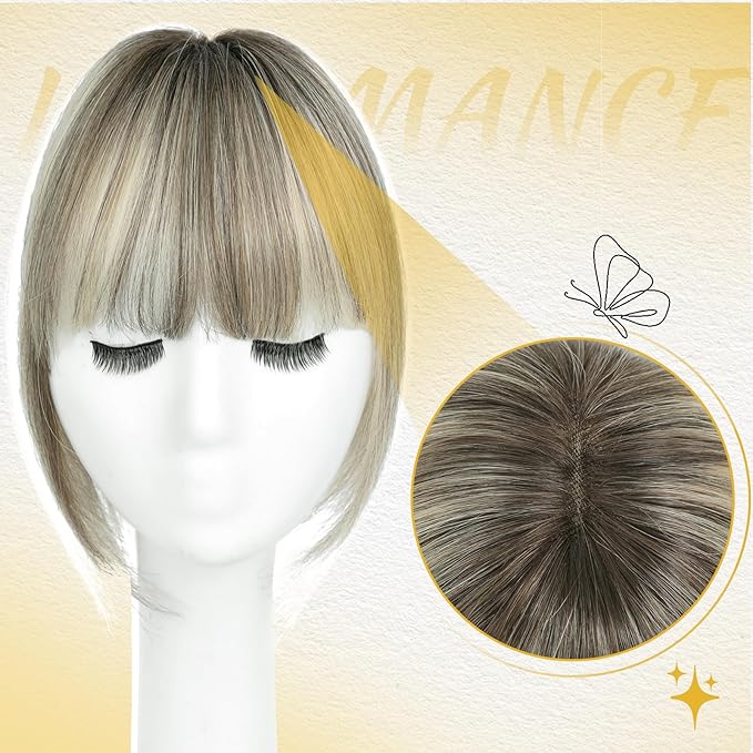 100% Real Human Hair Topper for Women Human Hair Pieces for Women 10 inch Ombre Light Brown with Blond Highlight Hair Hoppers with Bangs Swiss Base Clip in Bangs for Thinning Hair2T613