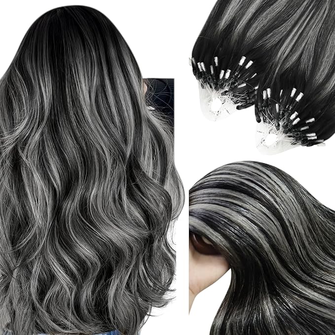 YoungSee Micro Bead Hair Extensions Real Human Hair Ombre Micro Loop Hair Extensions Human Hair Black Ombre Silver with Black Balayage Beaded Hair Extension 20In Cold Fusion Hair Natural 50g 50s