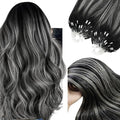 YoungSee Micro Link Hair Extensions Human Hair Ombre Micro Loop Hair Extensions Real Human Hair Silver with Black Balayage Beaded Hair Extension Pre Bonded Hair for Girls 16Inch 50g 50s