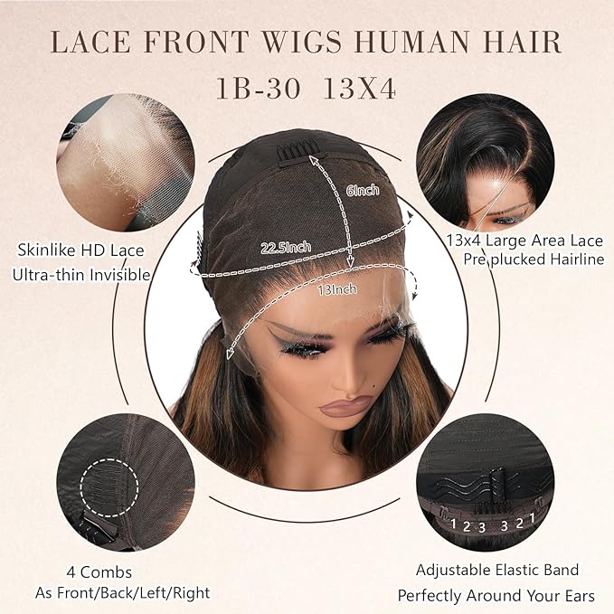 Body Wave Highlight Ombre Lace Front Wig Human Hair 13x4 Full Frontal Lace Wig Skinlike Swiss HD Lace 0.10mm Ultra-thin Invisible 200 Density 100% Real Human Hair Pre-plucked Tiny Knots Balayage Brown