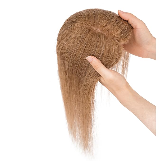 Hairro Human Hair Toppers Free Parted, 3.5x4.7" Base Hand-wovened 100% Real Hairpieces, with Invisible Clips-in for Women, for High Hairline/Adding Volume on Top, 16 Inch Blondish Brown