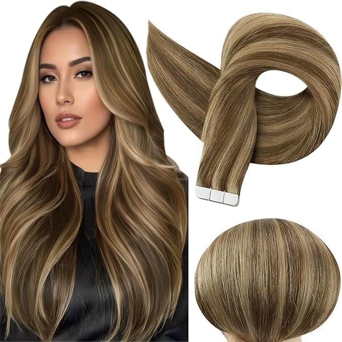 Full Shine Tape in Hair Extensions 18 Inch Color 4P27 Medium Brown Highlighted Honey Blonde Tape Hair Extensions Double Sided Hair Extension Tape ins Real Remy Human Hair 50g 20pcs Invisible Skin Weft