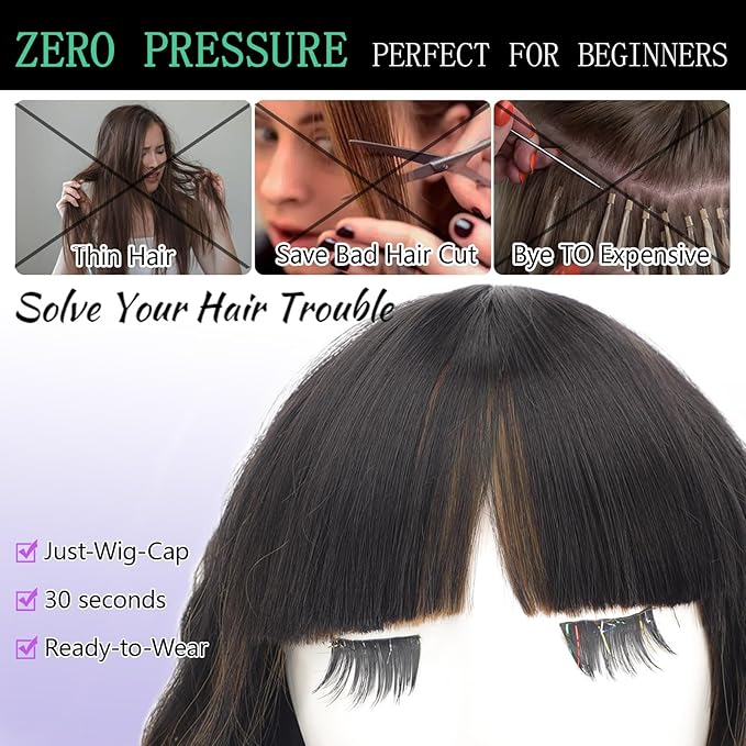 AISI HAIR Ombre Brown Short Wavy Bob Wigs with Bangs for Women Ombre Brown Wavy Wig Natural Looking Resistant Fiber Synthetic Hair for Daily