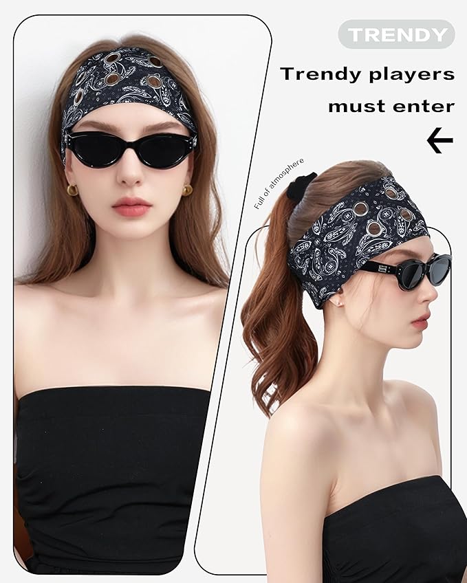 Grommet Headband for Women, Black Paisley 23cm Hollow Out Elastic Hair Band, Eyelets Punk Grunge Stylish Hairband