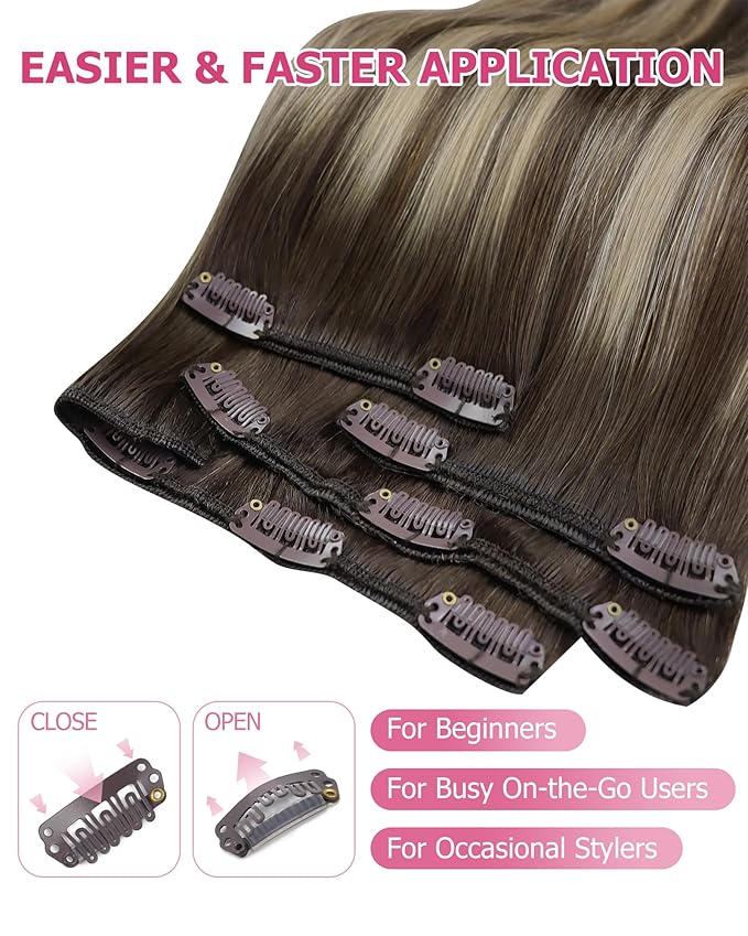YoungSee 135G Clip in Human Hair Extensions Brown Balayage Hair Extensions Clip ins Chocolate Brown with Ash Blonde Invisible Clip on Brown Hair Extension Long-Lasting Add Volume 18Inch 7Pcs
