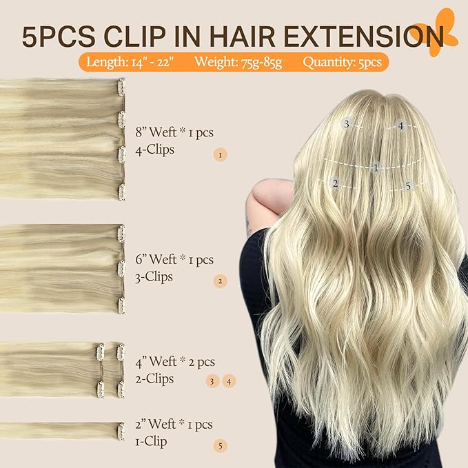DOORES Classic Clip Seamless Clip, 5pcs 80g 20 Inch Balayage Ash Blonde to Golden Blonde and Platinum Blonde