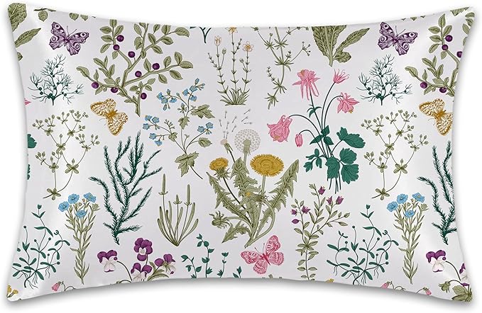 Satin Pillowcase 1 Pack-Leaves Herbs and Wildflowers Silky Pillow Cover for Hair and Skin,Standard Size 20x26 Inch Soft Cooling Printed Pillow Cases with Hidden Zipper,Gifts for Women Men