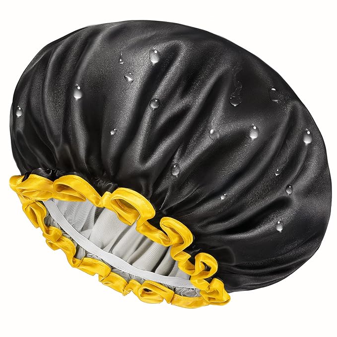 mikimini Black Small Shower Cap for Child 1 Pack, Double Layers Waterproof Bathing Hair Cap with Reusable Soft Comfortable PEVA Lining, Cute, non-fading & Stretchy Shower Hat