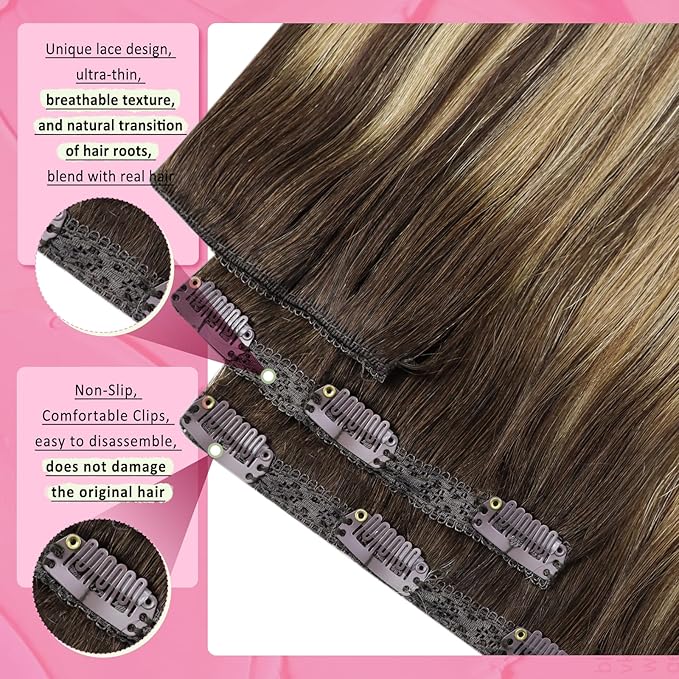 YoungSee Clip in Hair Extensions Balayage Brown Hair Extensions Clip ins Invisible Clip Hair Extension Real Human Hair Balayage Chocolate Brown Mix Caramel Blonde Clip in Extension Straight 14In 120G
