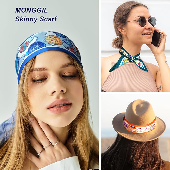 Skinny Scarf 3 Pack for Women – Bag Scarf, Silk Hair Scarves (Original Prints, Premium Twill, 3 Designs)