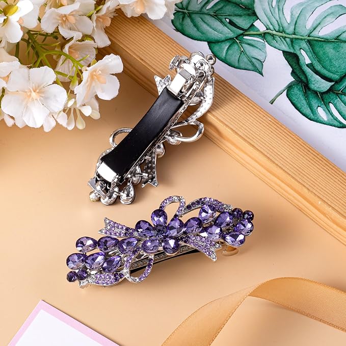 Joez Wonderful Rhinestone Hair Clip Sparkly Crystal Barrettes French Wedding Prom Engagement Pageant First Communion Hair Decorative Accessories for Women Long Hair (Bow Purple, 1 Pcs)